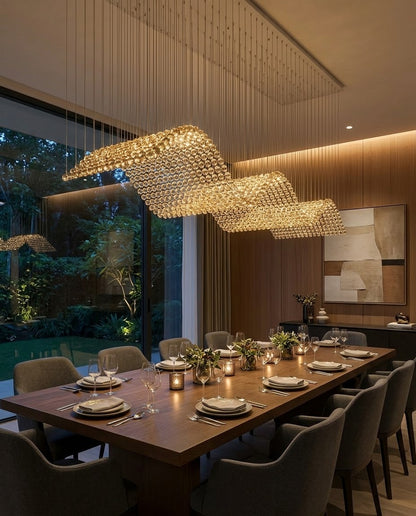 Modern 5M Rectangular Diamond-Cut Clear Crystal Wave Chandelier | Luxury Hotel & Dining Lighting