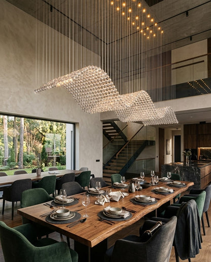Modern 5M Rectangular Diamond-Cut Clear Crystal Wave Chandelier | Luxury Hotel & Dining Lighting