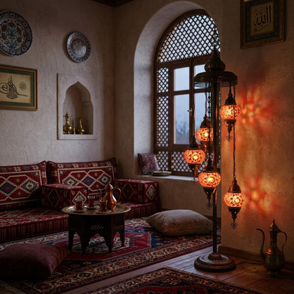 Handmade Turkish Mosaic Floor Lamp – 5-Globe Red Glass & Antique Copper Base