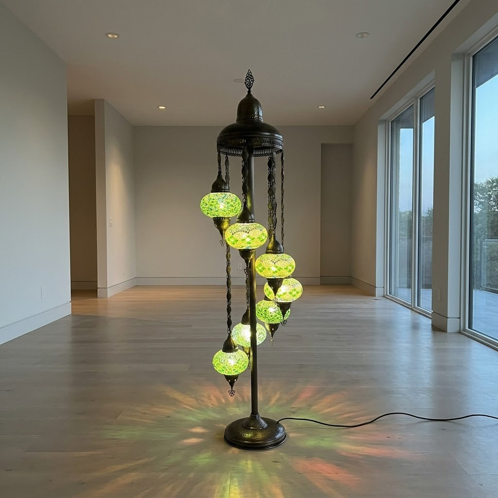 7-Globe Green Turkish Mosaic Floor Lamp - 160cm Antique Copper Standing Light