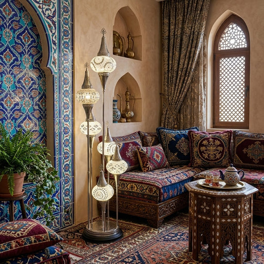 Handcrafted Turkish 6-Globe Floor Lamp (150cm) – Silver Copper Mosaic Glass Standing Light