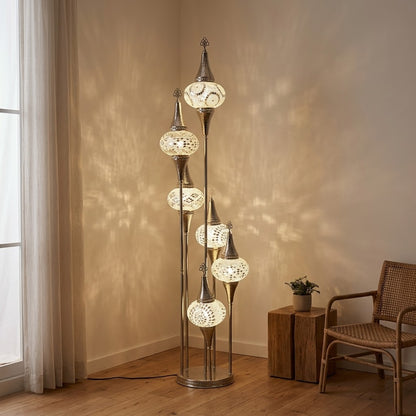 Handcrafted Turkish 6-Globe Floor Lamp (150cm) – Silver Copper Mosaic Glass Standing Light