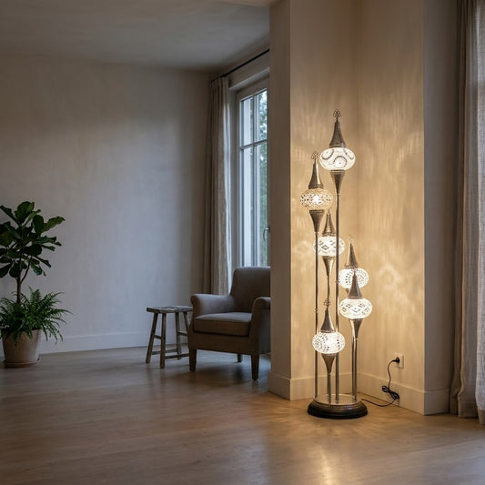 Handcrafted Turkish 6-Globe Floor Lamp (150cm) – Silver Copper Mosaic Glass Standing Light