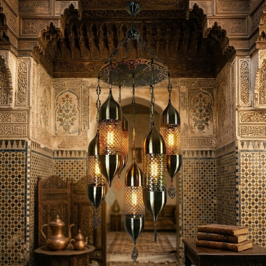 Vintage Moroccan 5-Light Hanging Chandelier – Antique Black Stainless Steel Pendant Light