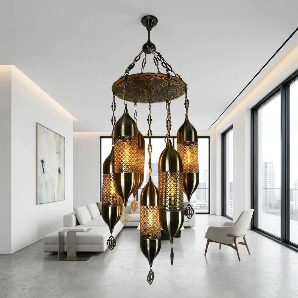 Vintage Moroccan 5-Light Hanging Chandelier – Antique Black Stainless Steel Pendant Light