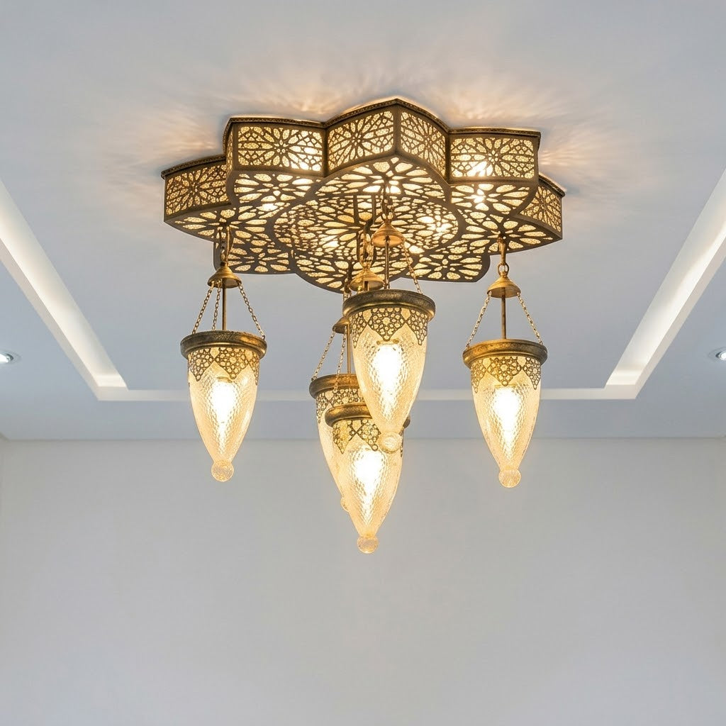 Moroccan Brass Ceiling Light – Luxury Islamic Lantern Chandelier with 5 Hanging Lamps