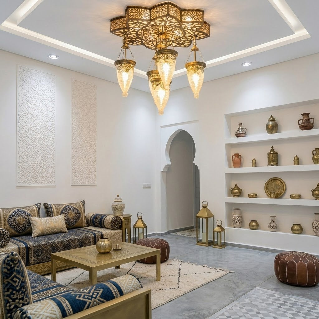 Moroccan Brass Ceiling Light – Luxury Islamic Lantern Chandelier with 5 Hanging Lamps