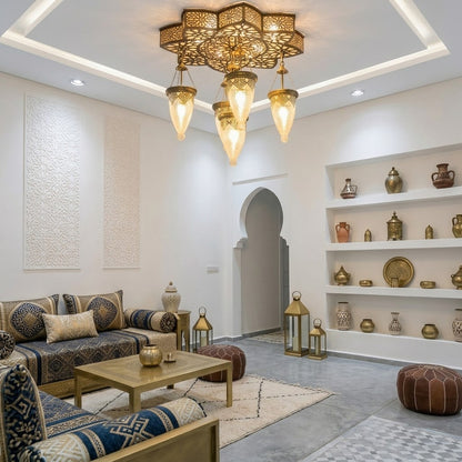 Moroccan Brass Ceiling Light – Luxury Islamic Lantern Chandelier with 5 Hanging Lamps