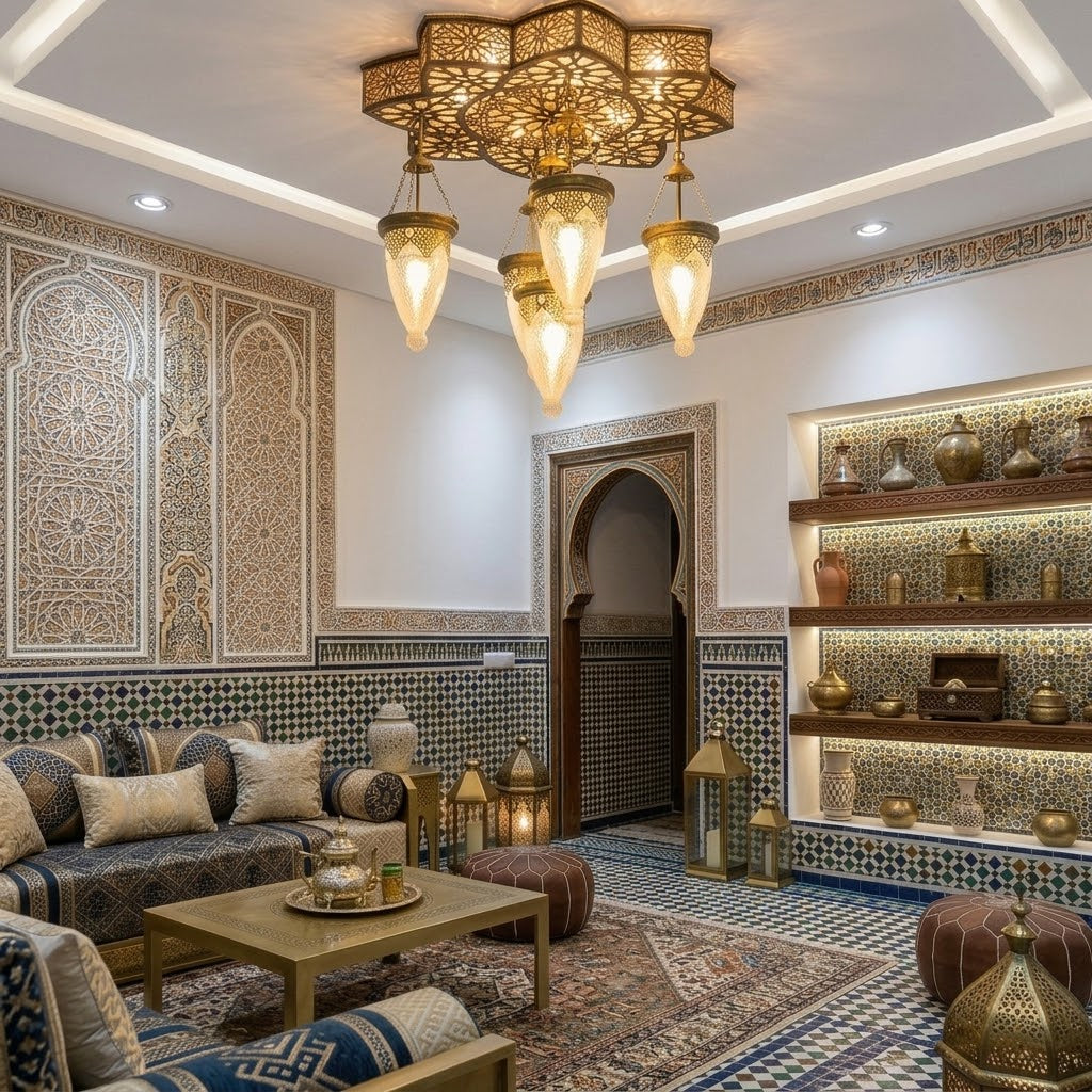 Moroccan Brass Ceiling Light – Luxury Islamic Lantern Chandelier with 5 Hanging Lamps