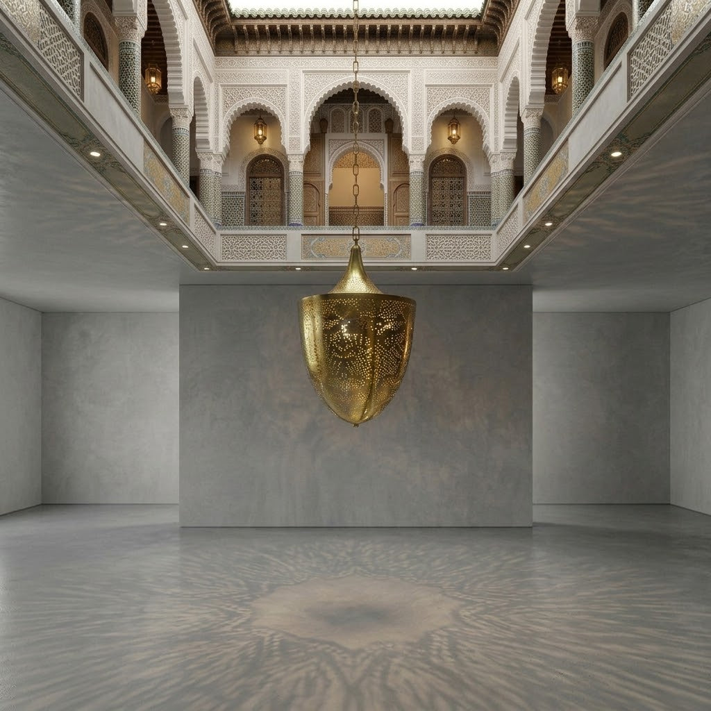 Moroccan Brass Pendant Light – Modern Filigree Hanging Lantern Lamp