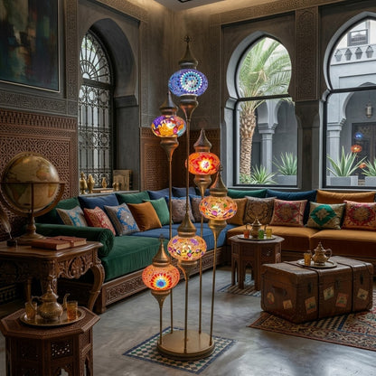 Luxury Turkish Mosaic Floor Lamp – Handmade Multi-Globe Brass Standing Lamp
