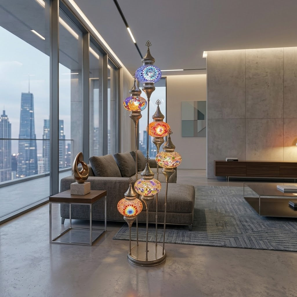 Luxury Turkish Mosaic Floor Lamp – Handmade Multi-Globe Brass Standing Lamp