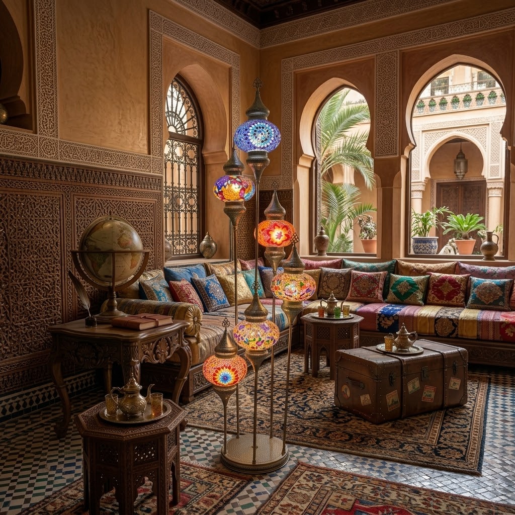 Luxury Turkish Mosaic Floor Lamp – Handmade Multi-Globe Brass Standing Lamp