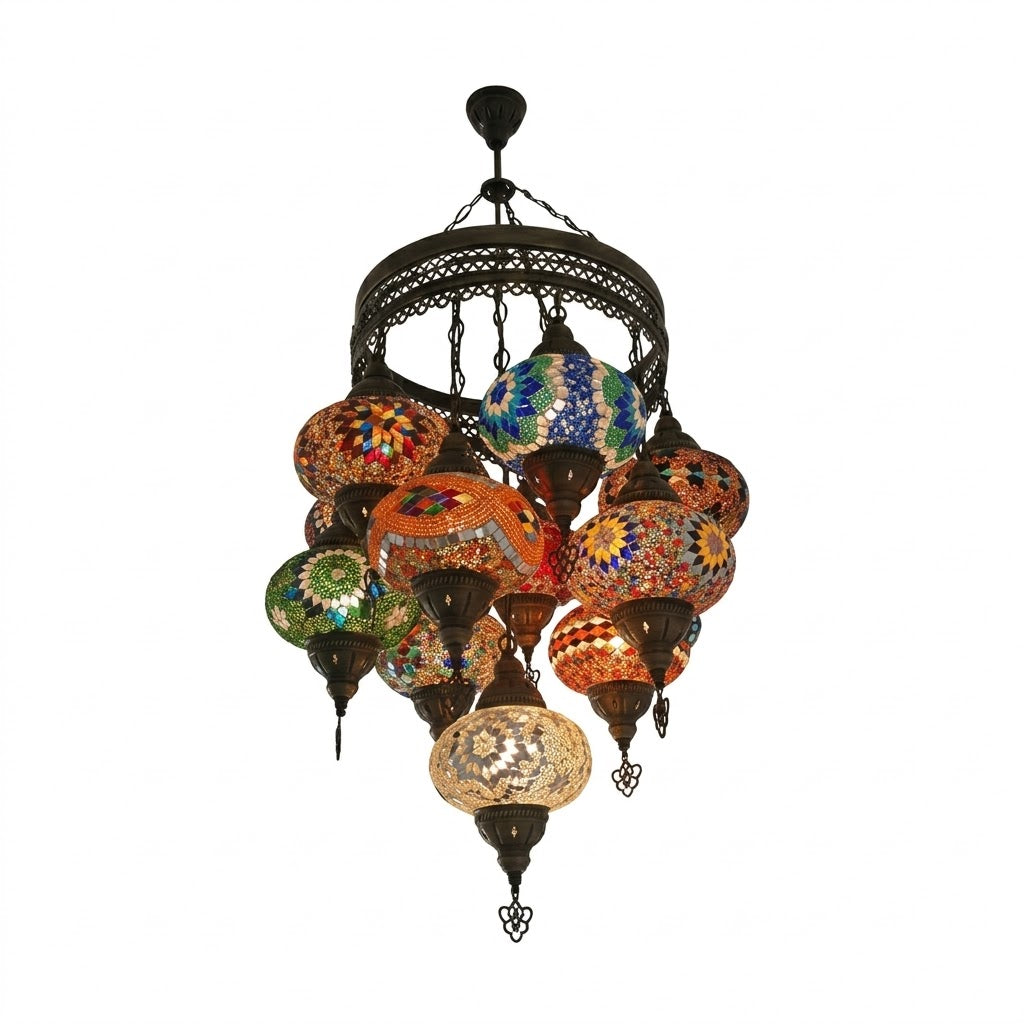 Sultan Style Turkish Mosaic Chandelier – 11 Hanging Glass Globes