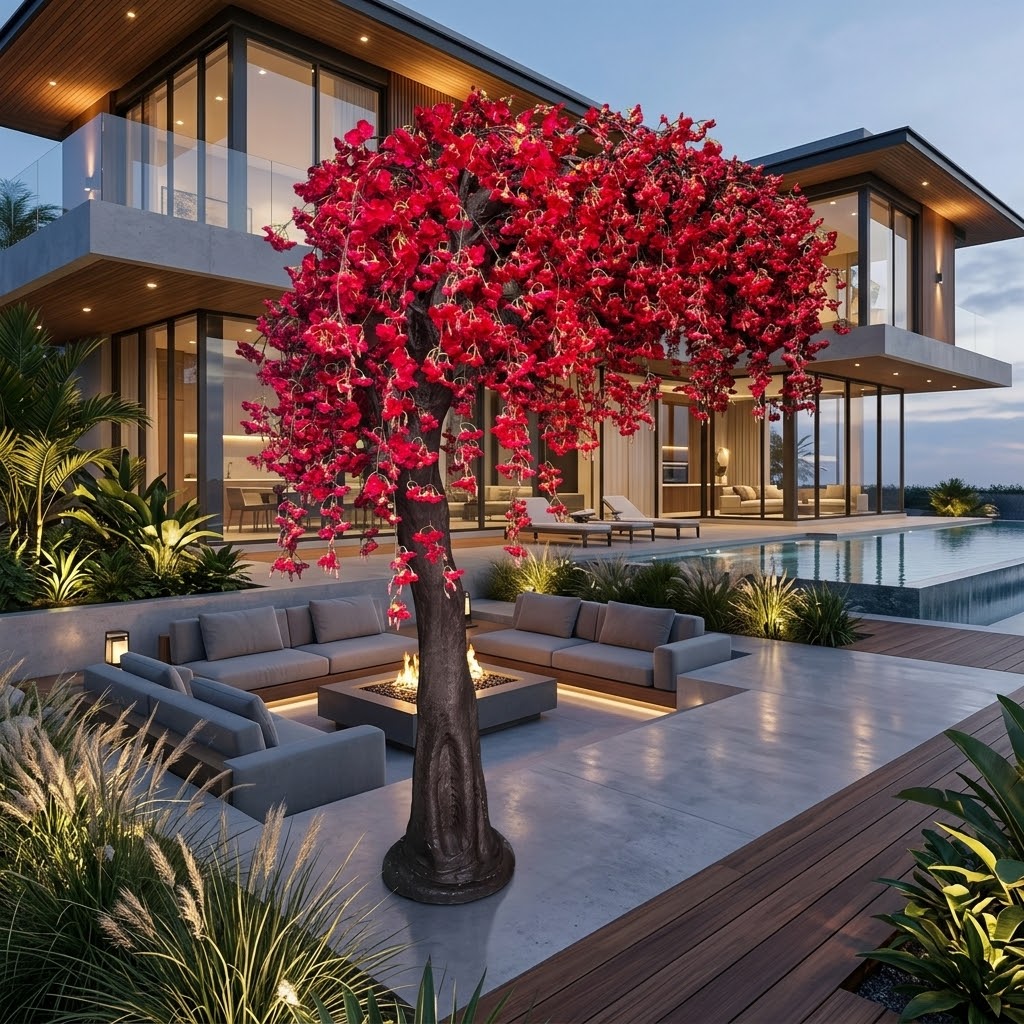 Realistic Red Silk Cherry Blossom Tree – Premium Faux Plant Decor for Indoor & Outdoor Venues