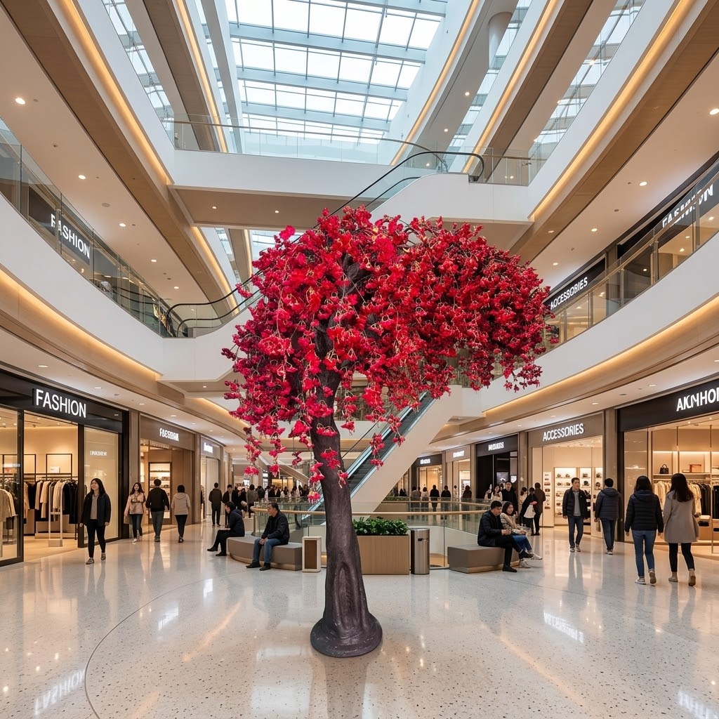 Realistic Red Silk Cherry Blossom Tree – Premium Faux Plant Decor for Indoor & Outdoor Venues