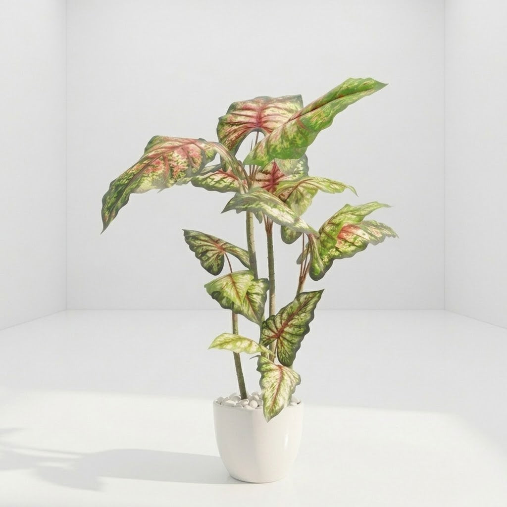 Artificial Caladium Tree in White Ceramic-Style Pot with River Stones
