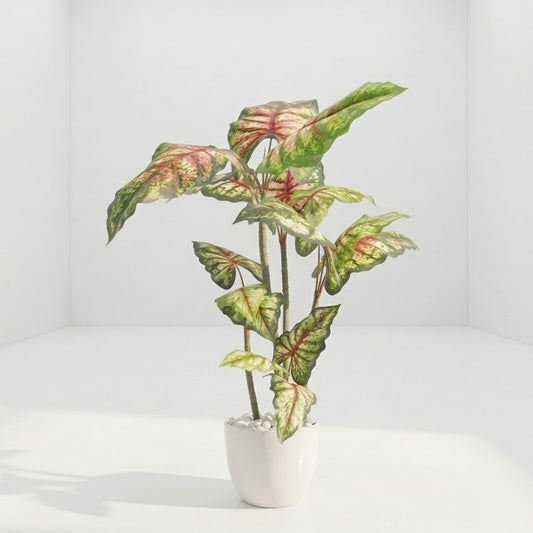 Artificial Caladium Tree in White Ceramic-Style Pot with River Stones