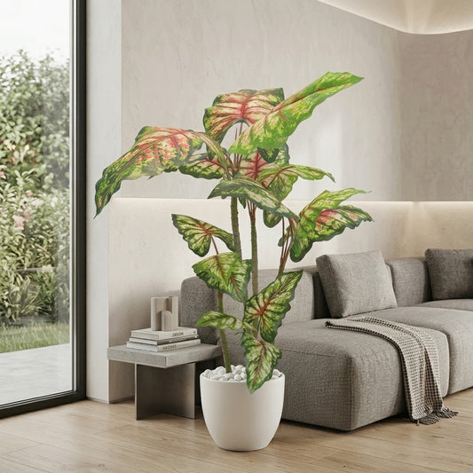 Artificial Caladium Tree in White Ceramic-Style Pot with River Stones