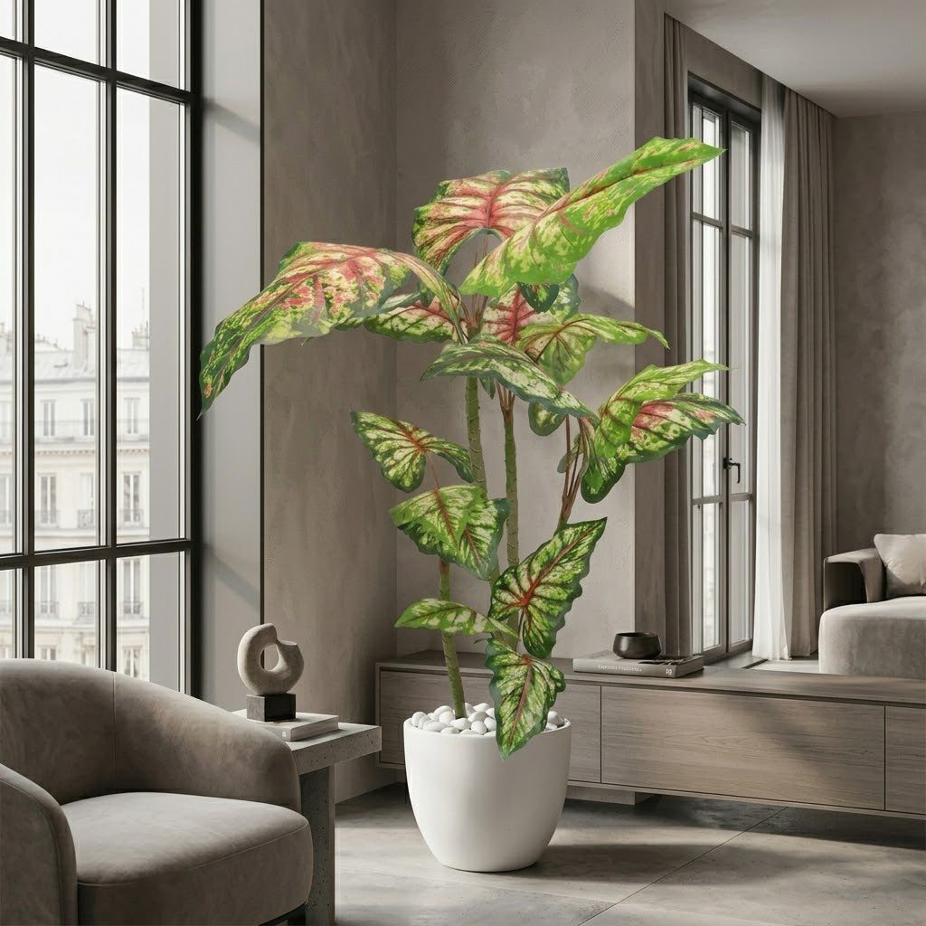 Artificial Caladium Tree in White Ceramic-Style Pot with River Stones