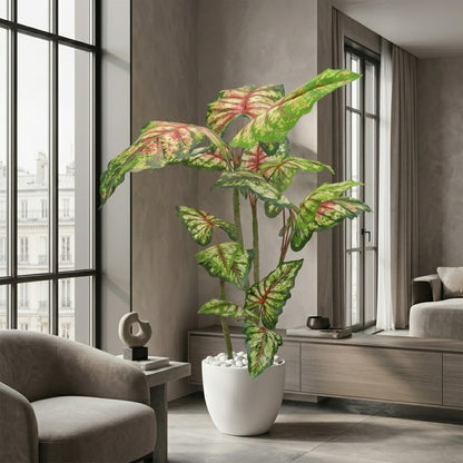 Artificial Caladium Tree in White Ceramic-Style Pot with River Stones