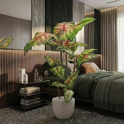 Artificial Caladium Tree in White Ceramic-Style Pot with River Stones