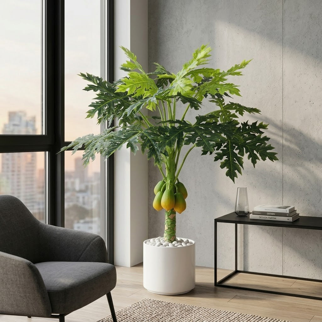 Artificial Papaya Fruit Tree in Elegant White Marble-Style Pot with Polished River Stones