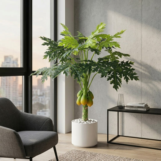Artificial Papaya Fruit Tree in Elegant White Marble-Style Pot with Polished River Stones