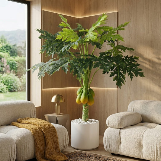 Artificial Papaya Fruit Tree in Elegant White Marble-Style Pot with Polished River Stones