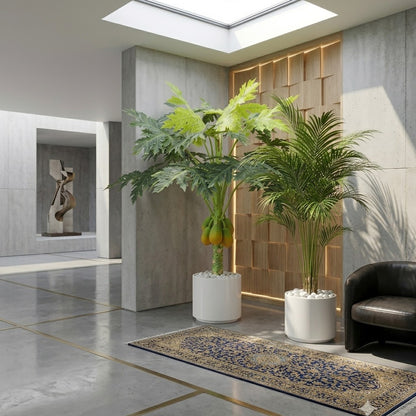 Artificial Papaya Fruit Tree in Elegant White Marble-Style Pot with Polished River Stones