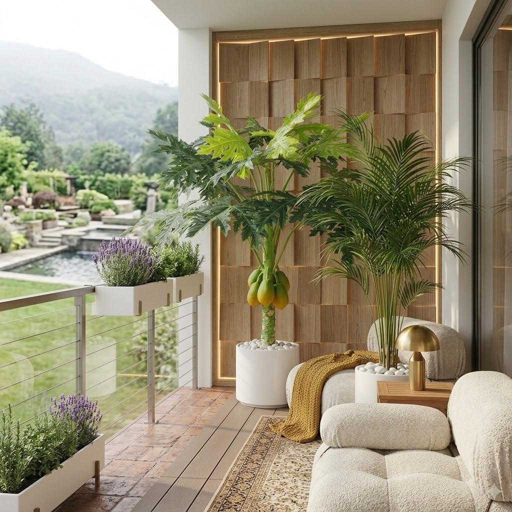 Artificial Papaya Fruit Tree in Elegant White Marble-Style Pot with Polished River Stones