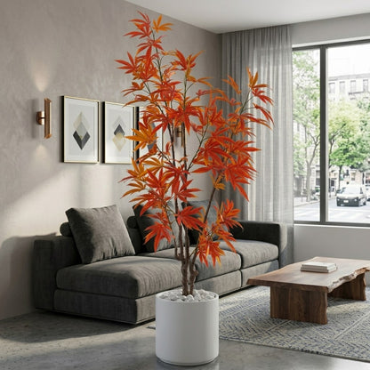 Artificial Orange Maple Tree with White Marble Pot – Modern Decorative Indoor Plant