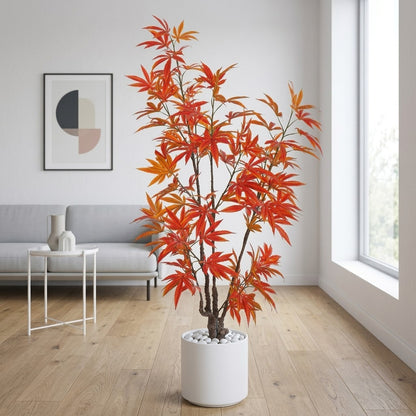 Artificial Orange Maple Tree with White Marble Pot – Modern Decorative Indoor Plant