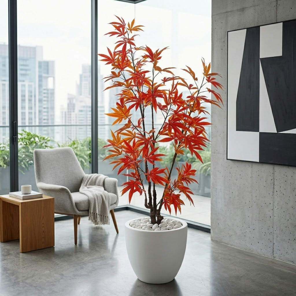 Artificial Orange Maple Tree with White Marble Pot – Modern Decorative Indoor Plant