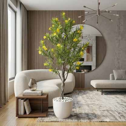 Artificial Cascabela Thevetia Tree (Yellow Oleander) in Luxe White Marble-Finish Pot