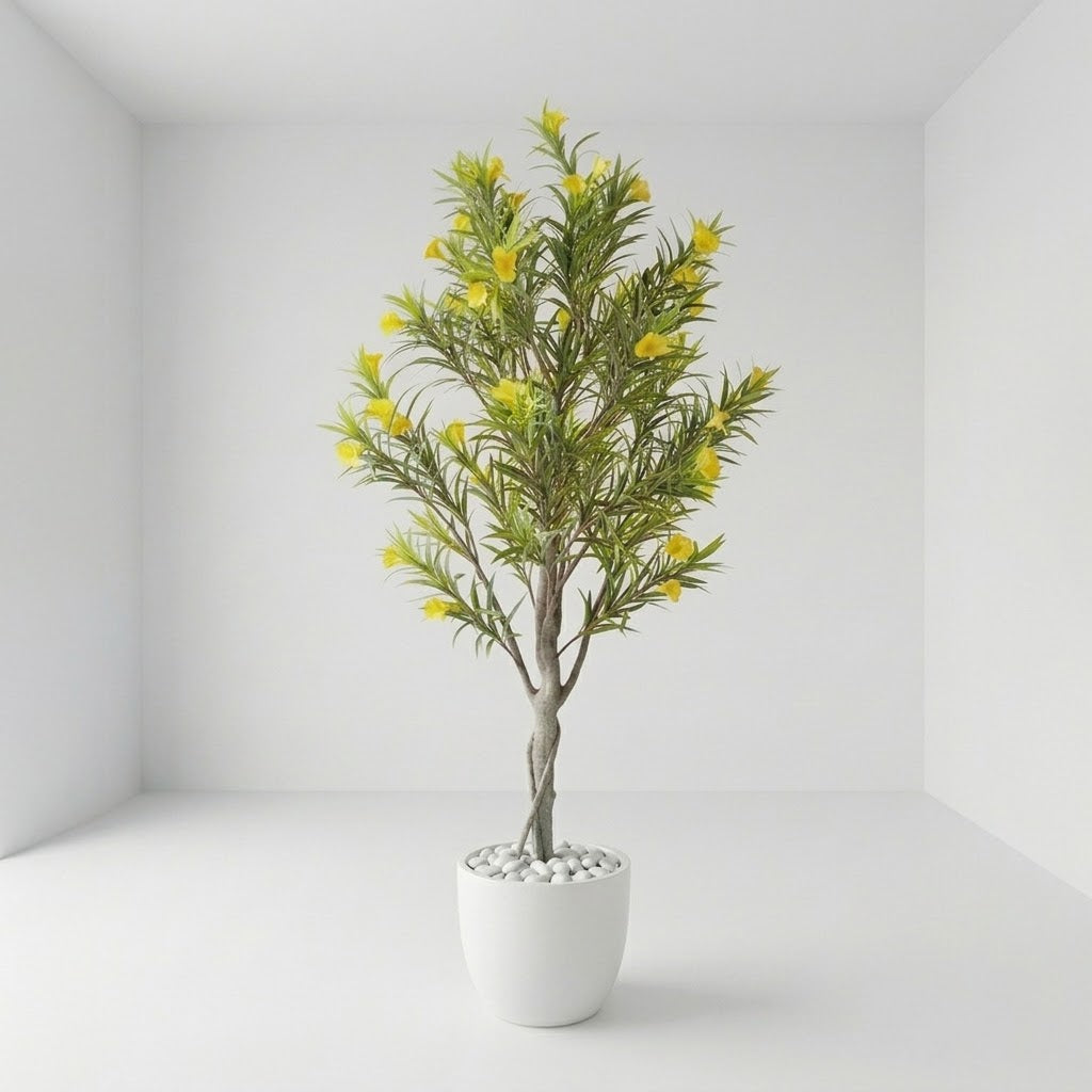 Artificial Cascabela Thevetia Tree (Yellow Oleander) in Luxe White Marble-Finish Pot
