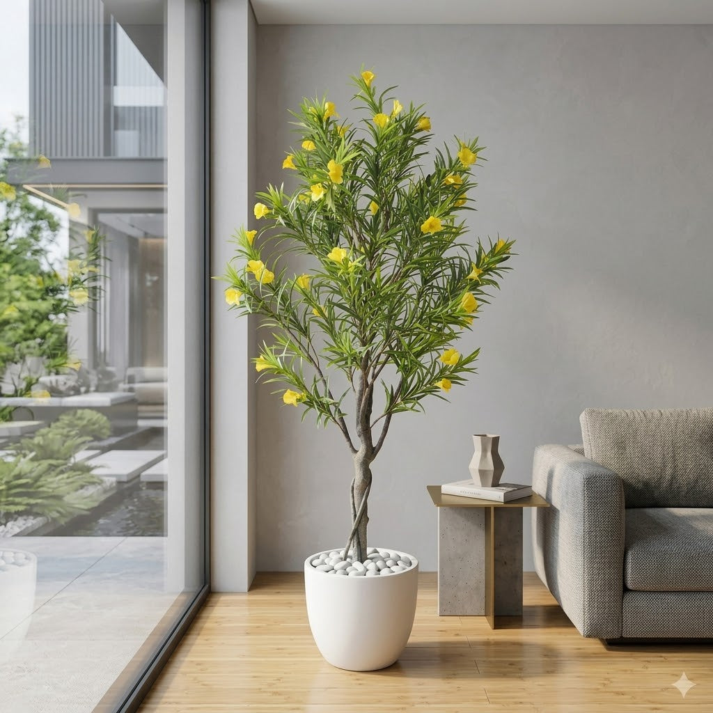 Artificial Cascabela Thevetia Tree (Yellow Oleander) in Luxe White Marble-Finish Pot