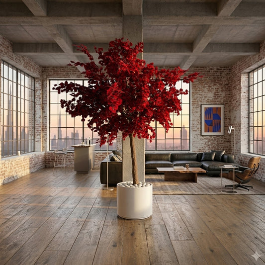 Artificial Red Tree in Minimalist White Ceramic Vessel