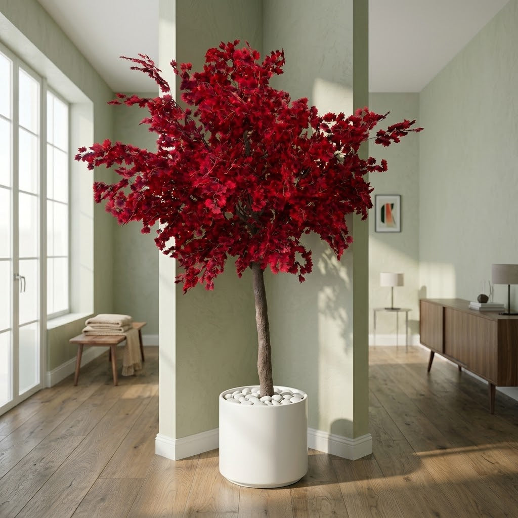 Artificial Red Tree in Minimalist White Ceramic Vessel