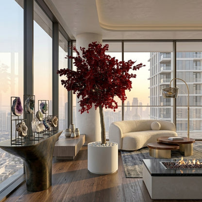 Artificial Red Tree in Minimalist White Ceramic Vessel