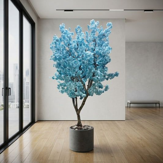 Captivating Blue Artificial Blossom Tree in Wood & Ceramic Pot