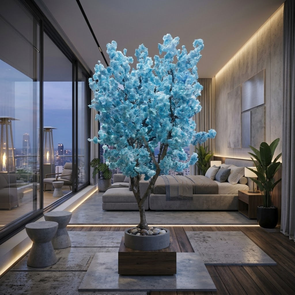 Captivating Blue Artificial Blossom Tree in Wood & Ceramic Pot
