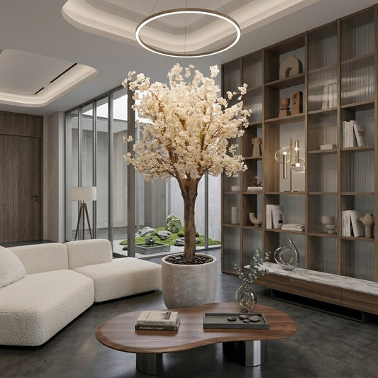 Modern Artificial White Blossom Faux Tree in Textured Planter and Wood Base (160 cm Tall)