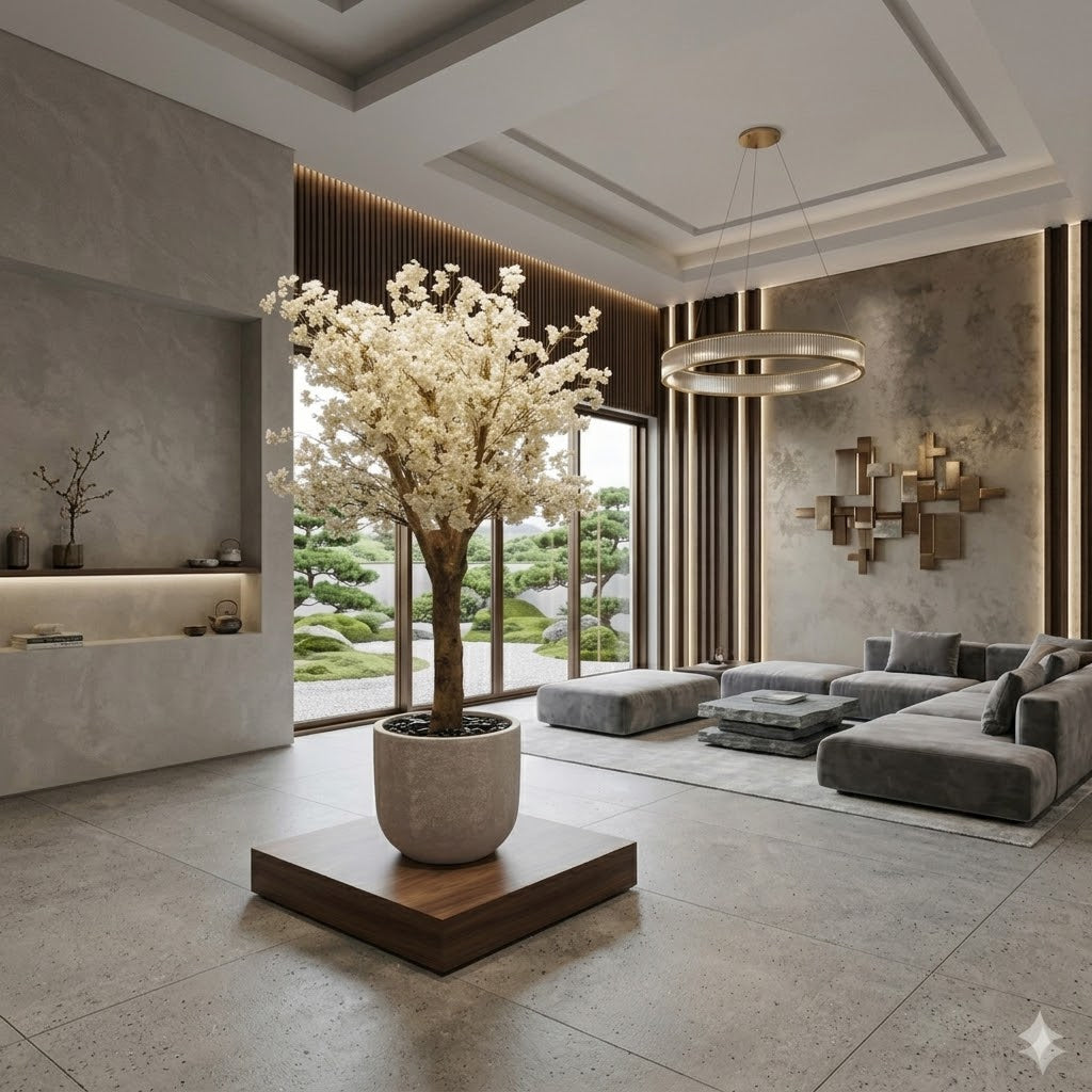Modern Artificial White Blossom Faux Tree in Textured Planter and Wood Base (160 cm Tall)