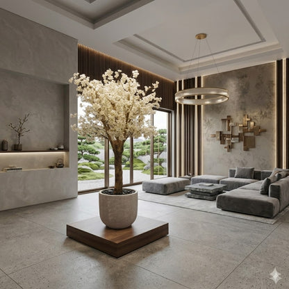 Modern Artificial White Blossom Faux Tree in Textured Planter and Wood Base (160 cm Tall)