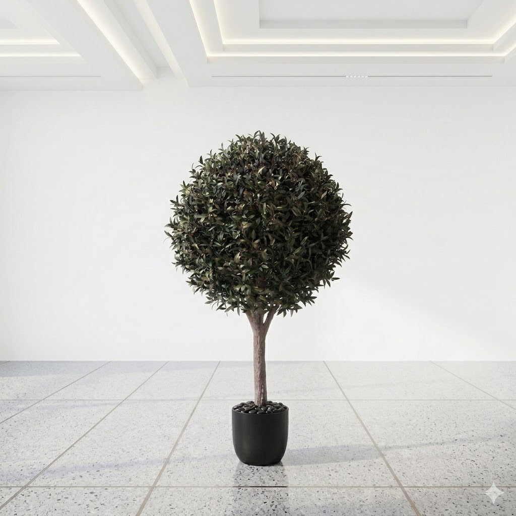 Large Artificial Spherical Olive Topiary Tree with Real Wood Trunk and Faux Fruit