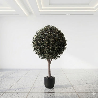 Large Artificial Spherical Olive Topiary Tree with Real Wood Trunk and Faux Fruit