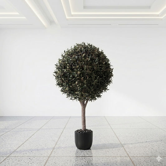Large Artificial Spherical Olive Topiary Tree with Real Wood Trunk and Faux Fruit