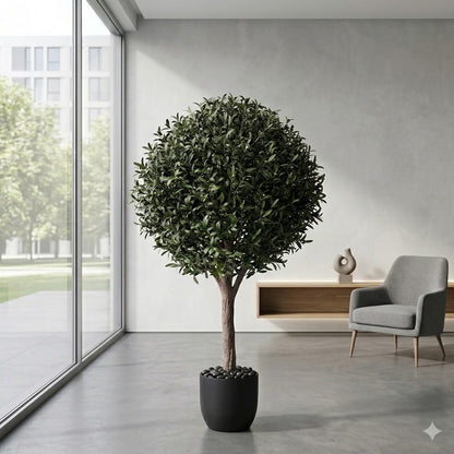Large Artificial Spherical Olive Topiary Tree with Real Wood Trunk and Faux Fruit