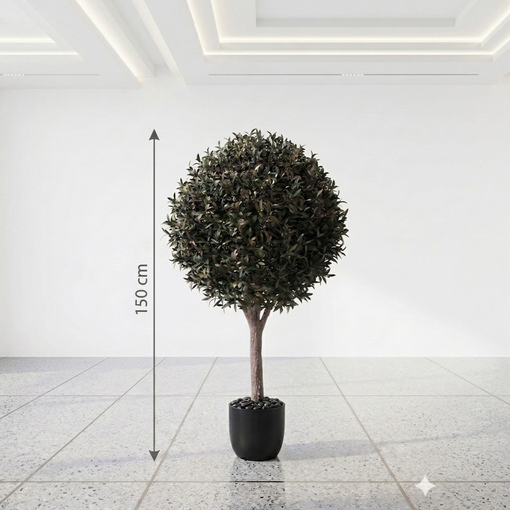 Large Artificial Spherical Olive Topiary Tree with Real Wood Trunk and Faux Fruit